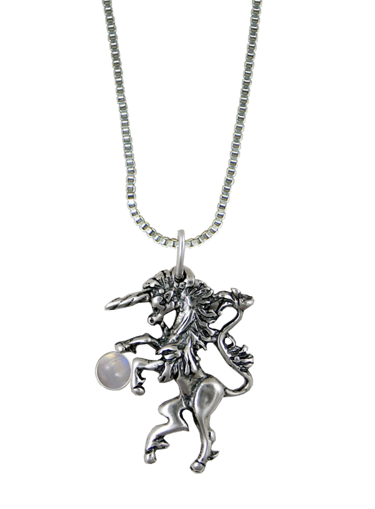 Sterling Silver Little Medieval Unicorn Pendant With Rainbow Moonstone
